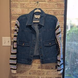 Anthropologie Blue Denim Jacket with Crocheted Sleeves